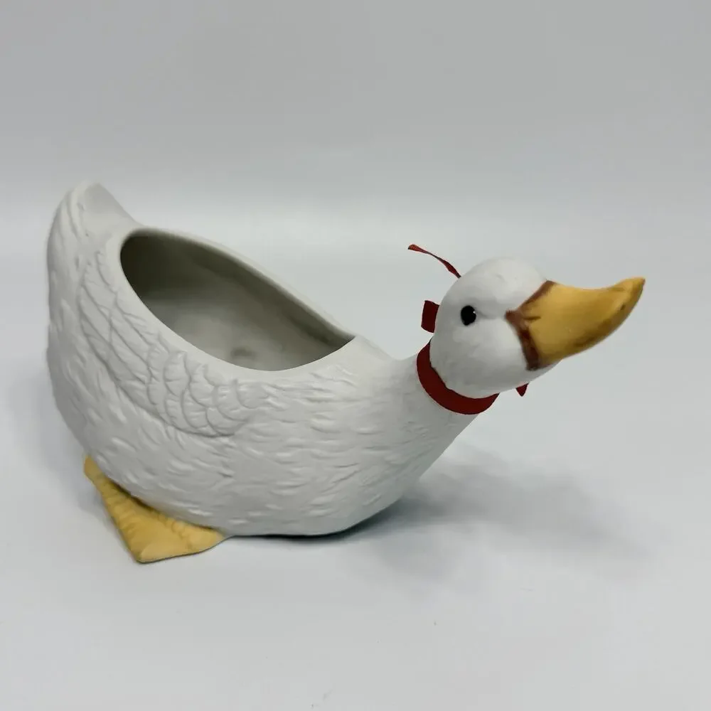 Vintage 1990s Bisque Porcelain Country Goose Planter Cottagcore Red Bow 8